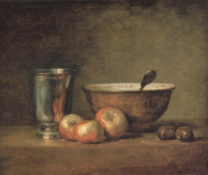 Three apple two millet bowls and silver wine class, Jean Baptiste Simeon Chardin